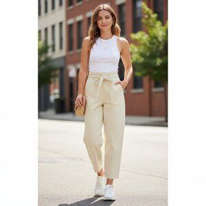 Zara Womens Barrel Leg Cream Cotton-Blend High-Waisted Pants Size Medium